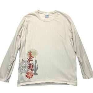 Las Vegas Graphic Long Sleeve Tee Cream Palm Tree Cactus Shirt Size L